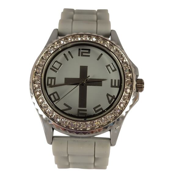 Silver Cross Watch with Rhinestone Bezel and Gray Silicone Strap Religious - Picture 1 of 15